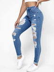 Ripped Holes Casual Skinny Jeans Autumn, Slash Pockets Distressed Single-Breasted Button Mid Waist Denim Pants