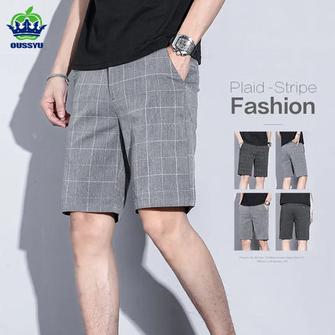 Summer Thin Plaid Stripe Shorts Men Business Knee Length Pants Straight Beach Short Korea Fashion Grey Pant Male Brand Clothing