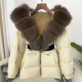 OFTBUY 2024 Winter Jacket Women Real Natural Fox Fur Collar Hooded Thick Warm 90% White Duck Down Coat Female Streetwear Casual