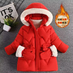 2-8 Years Warm Winter Girls Jacket Fur Collar Removable Hat Plush Lining Heavy Hooded Kids Coat Children Outerwear Send Gloves