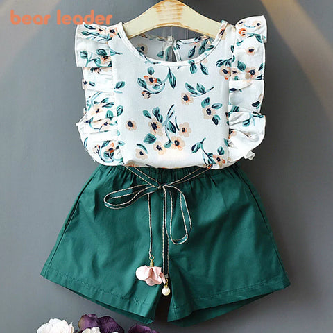 Bear Leader Kids Girl Clothes 2022 Fashion Sling Flower Bow Baby Girls Shirt + Stripe Shorts 2pcs Suit Children Clothing Sets