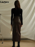 Lautaro Spring Autumn Soft Brown Faux Leather Maxi Skirt Women with Back Slit High Waist Long Luxury Elegant Office Clothes 2022