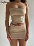 Hugcitar Solid Sleeveless Folds Tube Crop Top Skirts 2 Piece Matching Set Summer Fashion Streetwear Beach Clothing Drop Shipping