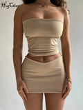 Hugcitar Solid Sleeveless Folds Tube Crop Top Skirts 2 Piece Matching Set Summer Fashion Streetwear Beach Clothing Drop Shipping