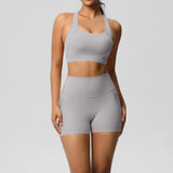 2PCS Sportswear With Pocketed Yoga Set Gym Clothes Yoga Suits For Women Tracksuits Sports Shorts Crossover Bra Gym Leggings