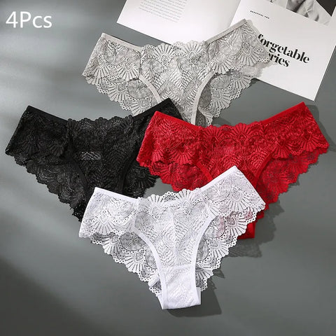 4pcs Fashion Sexy Panties Comfortable Briefs Exquisite Crotchless Shorts Solid Lingerie Sexy Lace Hollow Out Underwear Women