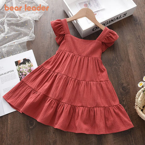 Bear Leader Summer 2023 New Casual Baby Kid Girl Infant Sleeveless Ruffles Princess Dress Cute Solid Color Korean Kids Clothes