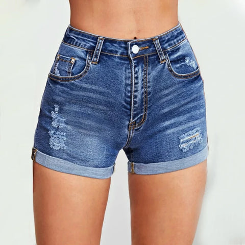 Women's 2024 Summer New Ripped Denim Shorts Slim Fit Elastic Tight High Waist Straight Raw Edge A-line Hot Pants Blue Shorts