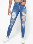 Ripped Holes Casual Skinny Jeans Autumn, Slash Pockets Distressed Single-Breasted Button Mid Waist Denim Pants