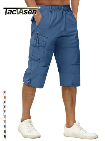 TACVASEN Cotton Below Knee Length 3/4 Long Shorts Men's Tactical Capri Pants Multi Pocket Summer Twill Work Cargo Pants Man