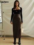 Lautaro Spring Autumn Soft Brown Faux Leather Maxi Skirt Women with Back Slit High Waist Long Luxury Elegant Office Clothes 2022