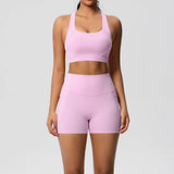 2PCS Sportswear With Pocketed Yoga Set Gym Clothes Yoga Suits For Women Tracksuits Sports Shorts Crossover Bra Gym Leggings