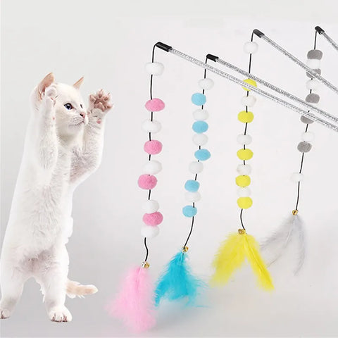 Pompom Cat Toys 1pcs Interactive Stick Feather Toys Kitten Teasing Durable  Playing Plush Ball Pet Supplies For Cat Exercise