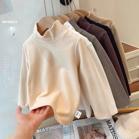 Baby Girls Velvet Long Sleeved T-shirt Toddler Kids Solid Color Bottoming Shirts Thicken Pullover Fall Winter Children's Clothes