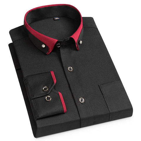 5XL Autumn/Winter Social Long Sleeve Shirt with Diamond Buckle Contrast Collar Men's Business Casual Four Seasons Pockets