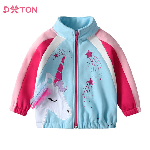 DXTON 2023 Autumn Winter Girls Coat Children Fleece Jacket Zipper Girls Warm Top Coat Unicorn Cartoon Toddler Casual Outerwear