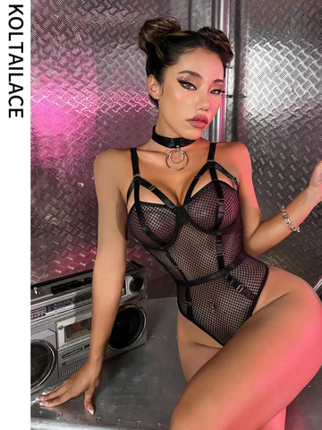 Koltailace Sexy Bodysuit Exotic Lingerie Sets for Women Mesh Transparent Porn Clothing Night Club Underwear Sets Bodysuit+Neck S