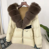 OFTBUY 2024 Winter Jacket Women Real Natural Fox Fur Collar Hooded Thick Warm 90% White Duck Down Coat Female Streetwear Casual