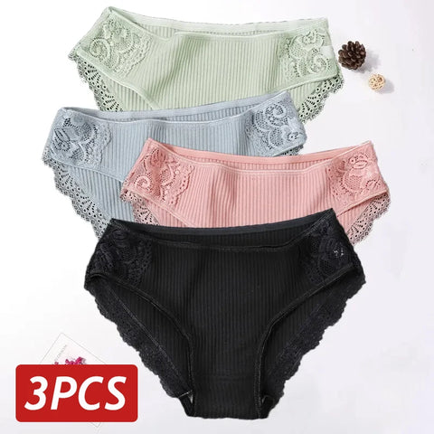 Floral Lace Cotton Women Panties Underwear Women Briefs Comfortable Female Underpants Solid Color Pantys Lingerie M-XXL 3PCS/Set