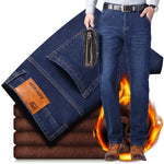 2024 Winter Jeans Men Black Blue Stretch Thick Velvet Pants Warm Denim Casual Fleece Trousers Male Plus Size