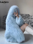 Lautaro Winter Shaggy Hairy Thick Warm Soft Colored Faux Fur Jacket Women with Hood Bat Sleeved Loose Casual Designer Clothes