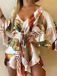 2023 New Summer Beach Elegant Women Dresses Sexy V Neck Lace-up Floral Print Mini Dress Casual Flared Sleeves Ladies Party Dress