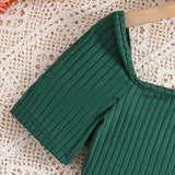 Fashion For 8-12Ys Girl Dress Summer New Girls Green Top + Green Retro Stripe Skirt Two Piece Set Holiday Vacation Daily Casual