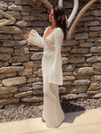 Sexy Women White Long Knit Sleeve Bikin Fashion Cover up Female See-Through Deep V-Neck Hollow-Out Beach Knitwear Backless Dress