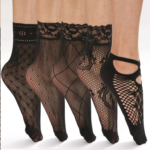 2023 New Women Sexy Summer Short Over Ankle Boat Socks Fishnet Mesh Black Floral Lace Patchwork Breathable Hollow Nylon Hosiery