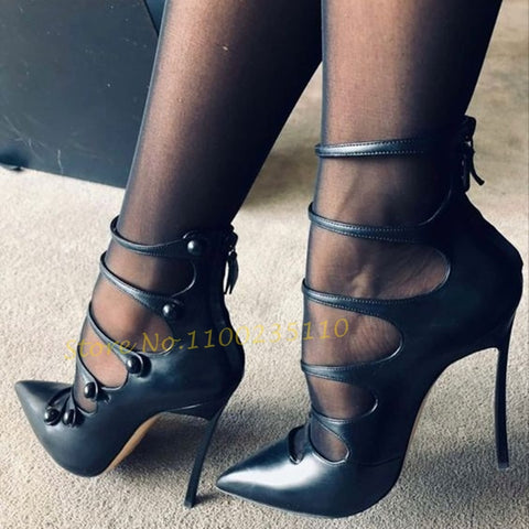 Multi Buckles High Heels Sandals Sexy Women Strappy Black Pointy Gladiator Sandals Cover Heel Gorgeous Lady Trend Dress Shoes