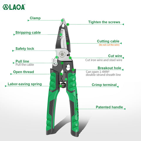LA320919 LAOA 9 in 1 Electrician Pliers  Wire Cable Cutters Terminal Crimping Universal Wire Cutter