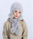 Women Knit Real Rex Rabbit Fur Hat Scarf Sets Warm Winter Lady Fluffy Cap Muffler Set with Pompom