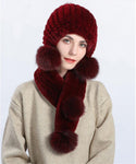 Women Knit Real Rex Rabbit Fur Hat Scarf Sets Warm Winter Lady Fluffy Cap Muffler Set with Pompom