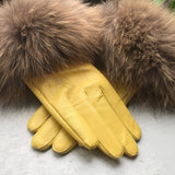 Real Raccoon Fur Gloves Women&#39;s Genuine Leather Gloves Fox Fur Big Raccoon Fur Sheepskin  Gloves Female Winter Velvet Warm Touch