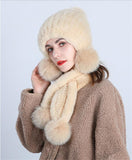 Women Knit Real Rex Rabbit Fur Hat Scarf Sets Warm Winter Lady Fluffy Cap Muffler Set with Pompom