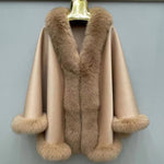 Women&#39;s Fashion Cashmere Poncho Genuine Fox Fur Collar Trim Cape Wool Jacket Autumn Winter Warm Real Fur Coat