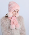 Women Knit Real Rex Rabbit Fur Hat Scarf Sets Warm Winter Lady Fluffy Cap Muffler Set with Pompom