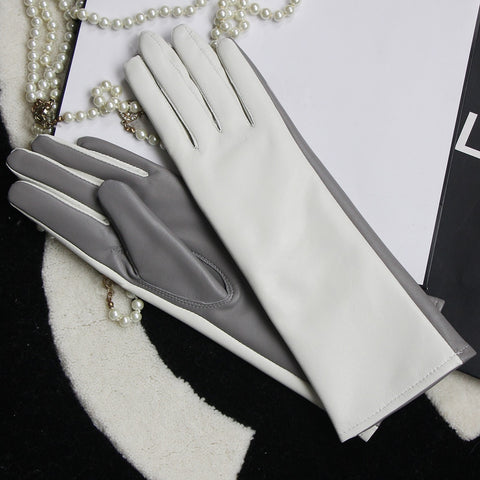 Clashing Colors 28cm Women Genuine Leather Gloves Quality Elegant Autumn Winter Trendy Female Glove Simple Sheepskin Gloves