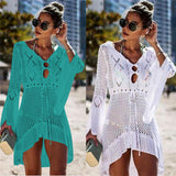 2023 Summer Women Beachwear Sexy White Crochet Tunic Beach Wrap Dress Woman Swimwear Swimsuit Cover-ups Bikini Cover Up #Q719