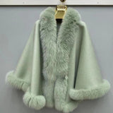 Women&#39;s Fashion Cashmere Poncho Genuine Fox Fur Collar Trim Cape Wool Jacket Autumn Winter Warm Real Fur Coat