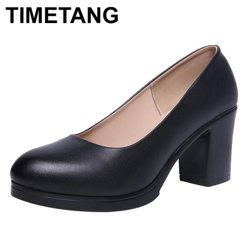TIMETANGJob Interview Black Shoes Work Dress Round Head 35-43 Women&#39;s Pumps Thick Heels Large SizeE1328