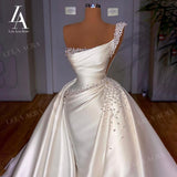 LelaAcra Satin Beaded Wedding Dress 2022 3 In 1 Pearls Mermaid Court Train Luxury Princess Bride Gowns VS05 Vestido de Noiva