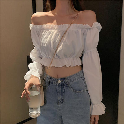 Women Top Sexy Blouse Off Shoulder Top Long Sleeve Club Party White Shirt Puff Sleeve Ruffle Crop Top Summer Tube Top