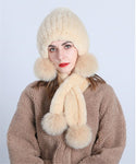 Women Knit Real Rex Rabbit Fur Hat Scarf Sets Warm Winter Lady Fluffy Cap Muffler Set with Pompom