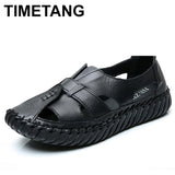 TIMETANG Sandals Women 2020 Summer Genuine Leather Handmade Ladies Shoe Leather Sandals for Women Flat Shoes Retro Style Mother
