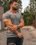 Men V Neck Short Sleeve T Shirt Fitness Slim Fit Sports Strips T-shirt Male Solid Fashion Tees Tops Summer Knitted Gym Clothing