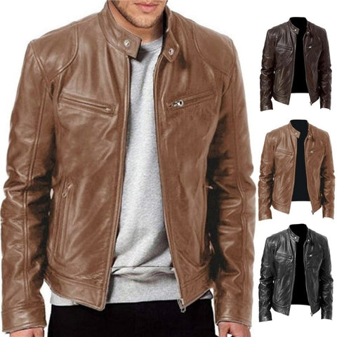 2023 Mens Fashion Leather Jacket Slim Fit Stand Collar PU Jacket Male Anti-wind Motorcycle Lapel Diagonal Zipper Jackets Men