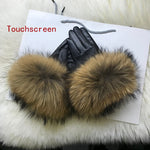 Real Raccoon Fur Gloves Women&#39;s Genuine Leather Gloves Fox Fur Big Raccoon Fur Sheepskin  Gloves Female Winter Velvet Warm Touch