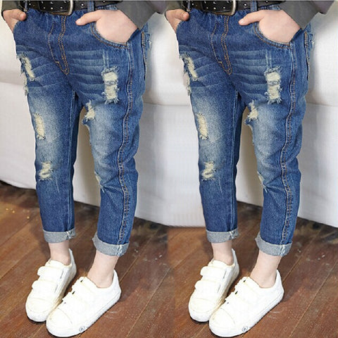 2021 Spring and Autumn New Children Clothing Fashion All-match Solid Color Girl Ripped Jeans Korean Boys Trousers Straight Retro