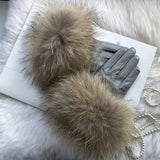 Real Raccoon Fur Gloves Women&#39;s Genuine Leather Gloves Fox Fur Big Raccoon Fur Sheepskin  Gloves Female Winter Velvet Warm Touch